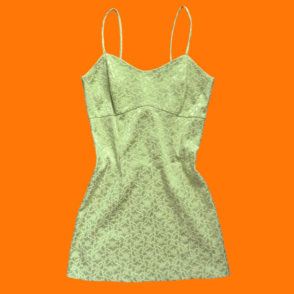 90's vintage green satin jaquard bodycon mini dress LARGE maria bonita
